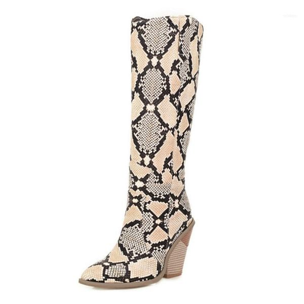 

boots women knee high runway pointed toe winter warm motorcycle python snake pattern chunky heels botas mujer 2021 fashion11, Black