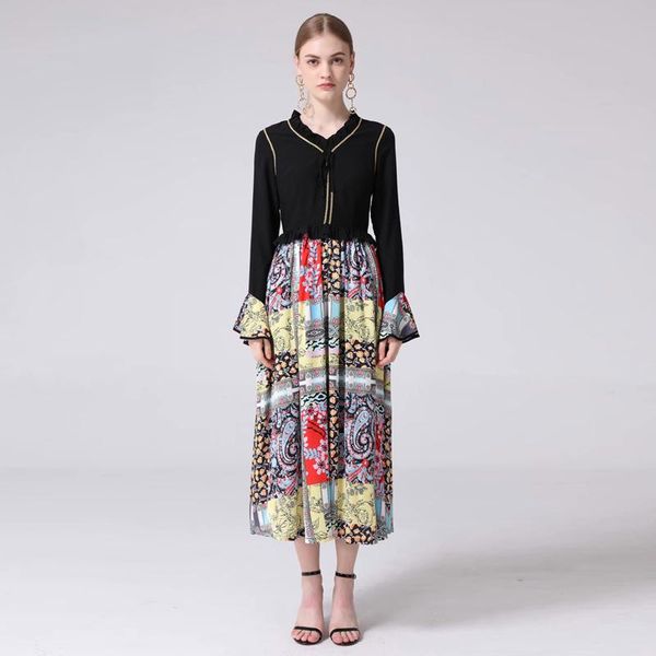 

casual dresses xf knit stitching printed halft boho dress spring and autumn retro milan fashion designer trumpet sleeves long, Black;gray
