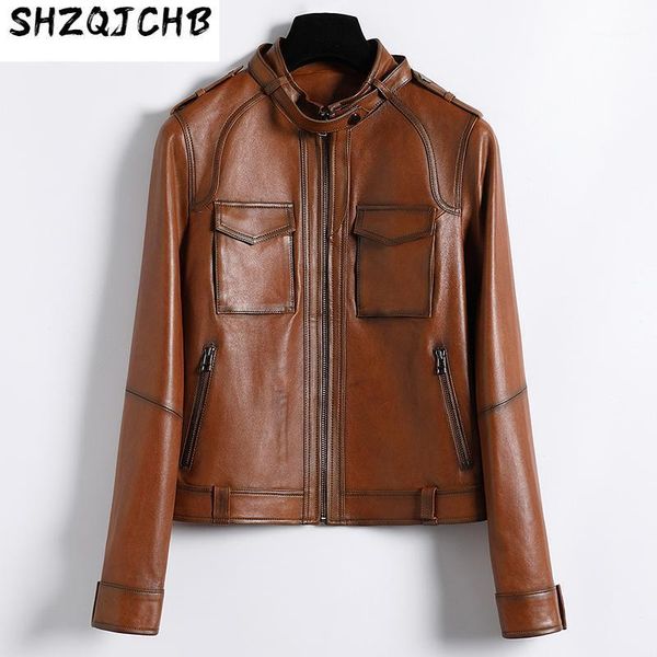 

autumn haining spring and genuine leather coat women's short slim stand collar sheep locomotive small leat & faux, Black