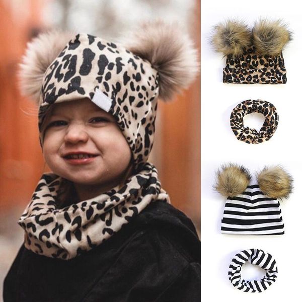 

beanies 2pcs baby hat scarf set autumn winter leopard flower print cotton cap cute double pompom caps for kids boys girls beanie scarves
