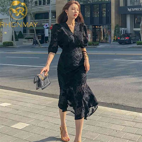Bahar Kore Tarzı Ofis Bayanlar Midi Mermaid Elbise Kadın Şifon Üç Çeyrek Kollu Bodycon Ruffles Parti Elbiseler 210506