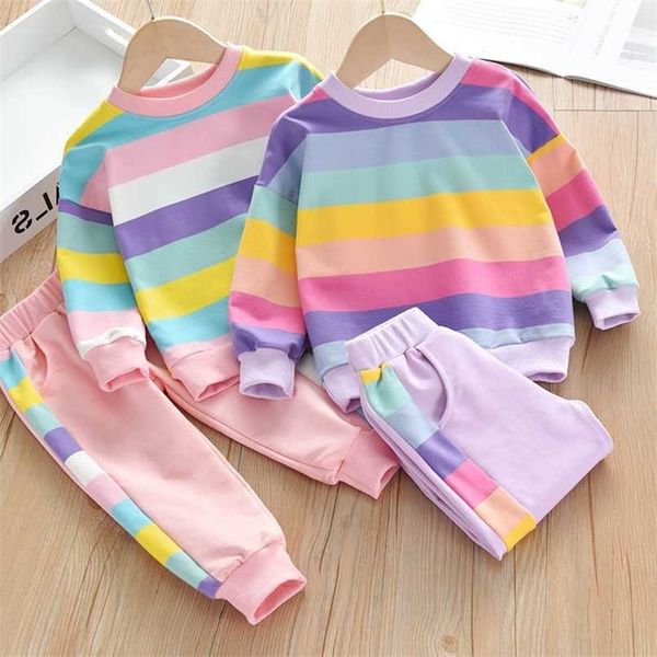 

children girls 2pcs rainbow clothing sets autumn t-shirts pants sport tracksuits 211104, White