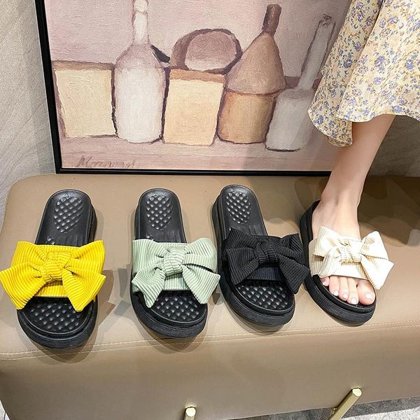 

slippers casual flock butterfly-knot shoes woman 2021 platform pantofle med luxury summer flat slides pu, Black