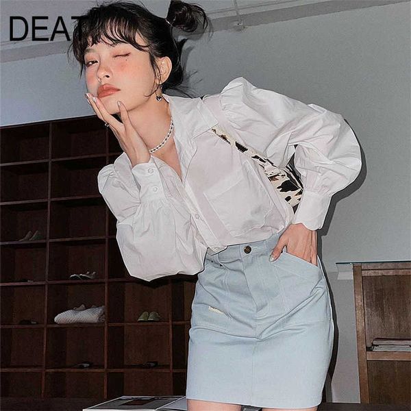 

[deat] summer fashion single-breasted solid color long sleeve double-layer collar loose simple women shirt 13q175 210527, White