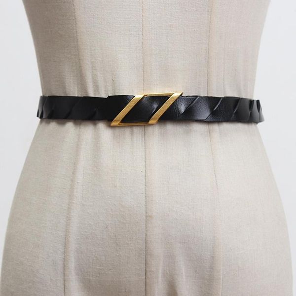 

belts genuine leather waistband korean simple style female 107*2cm all-match leisure geometric jeans accessories narrow waist, Black;brown