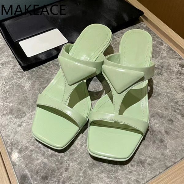 

75% off factory outlet sale color kitten heels genuine leather mules women sandal triangle decoration summer runway shoes woman slippers 202, Black