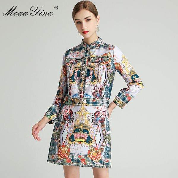 

fashion set spring women's long sleeve tassel single-breasted +short skirt indie folk print two-piece sets 210524, White
