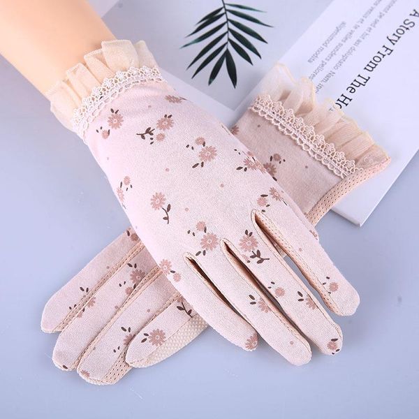

five fingers gloves summer women exquisite lace sunscreen touch screen skid driving thin breathable anti-uv female flower print, Blue;gray