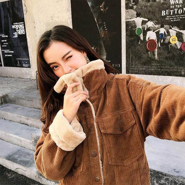 

vintage women's jacket spring autumn warm short outerwear soft lambwool winter coat female casual bomber chaqueta mujer jackets, Black;brown
