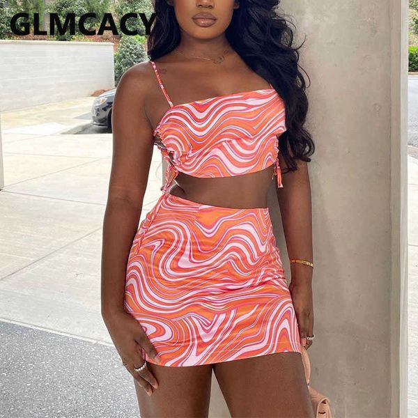 

2 pieces sets women spaghetti strap printed & bodycon skirts 210702, White