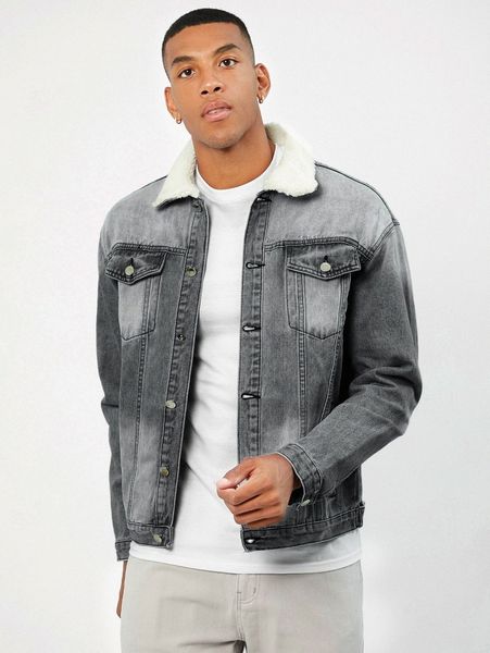 

men flap detail borg collar denim jacket w8rd#, Blue