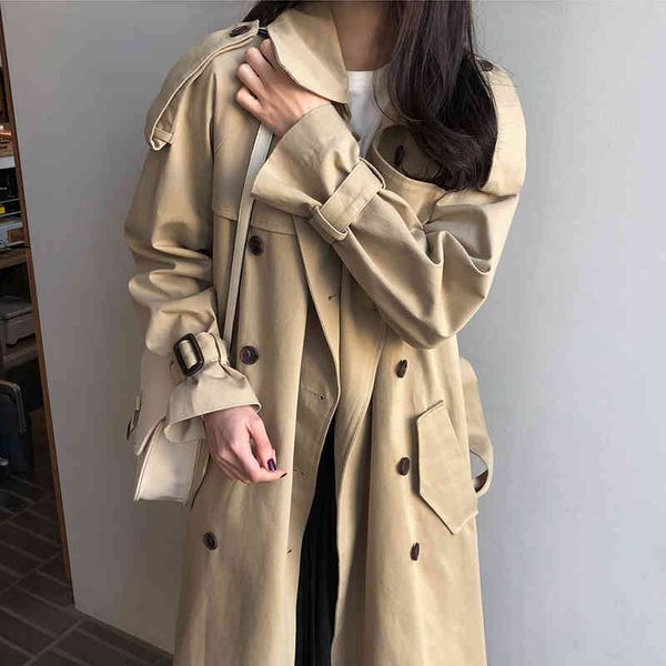 

women's trench coats spring autumn long women coat double breasted belted lady outerwear fashion khaki loose windbreaker gvq6, Tan;black