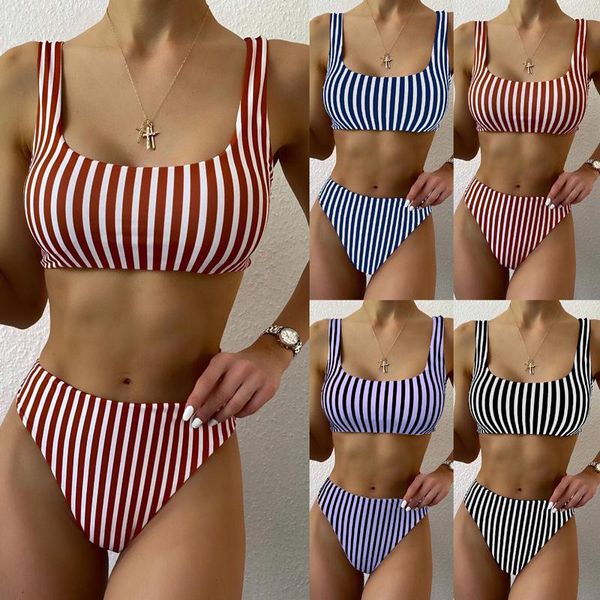 

one-piece suits 2021 explosion color stripes bikini fashion steel prop women bar split triangle swimsuit quick drying breathable brazil