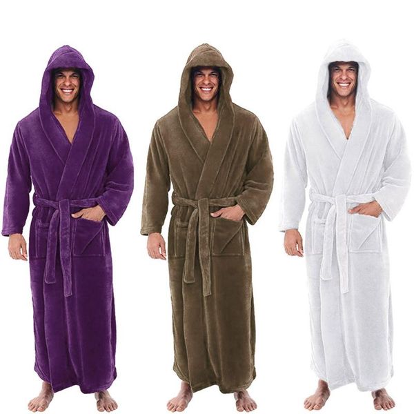 

men's sleepwear mens bathrobe 2021 winter hooded male casual long sleeve soft housecoat fashion solid color home clothes pajama, Black;brown