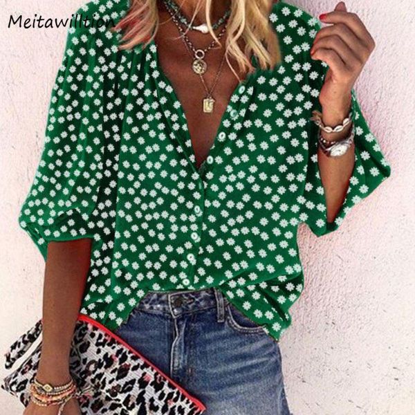 

plus size women v neck button 2021 casual loose long sleeve blouse lady floral print office shirts women's blouses &, White