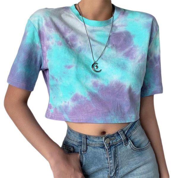 

women's tie dye short round neck sleeve outwear crop casual streetwear t-shirt, White