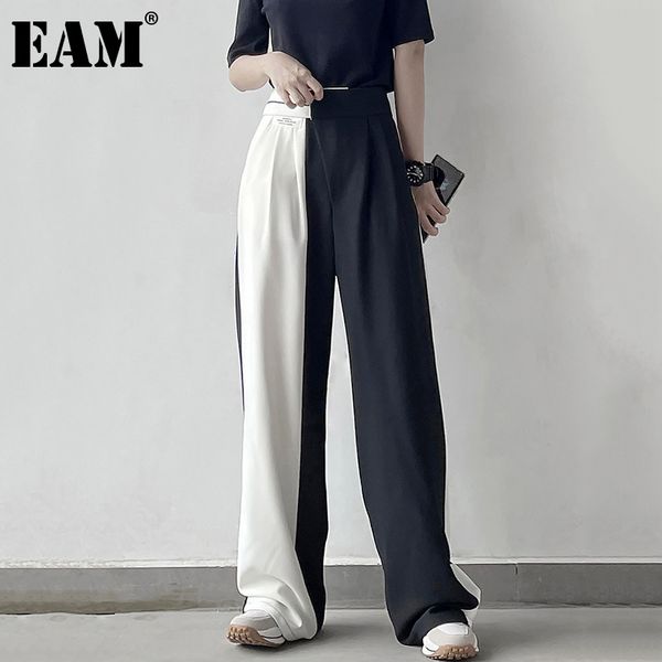 

[eam] high elastic waist black white spliced casual trousers loose fit pants women fashion spring summer 1dd8329 210512