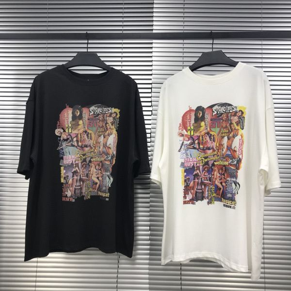 

21s we11done graffiti t shirt short sleeve movie poster oil painting washed men's and women's couple t-shirt os tide fashion cotto, White;black