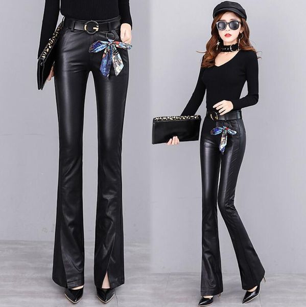 

women's pants & capris black pu leather flare sautumn winter trousers high waist elegent long office style slim, Black;white