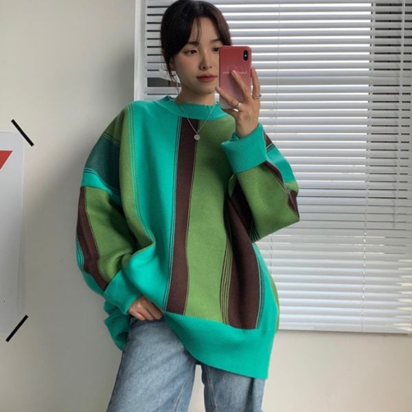 

women's t-shirt autumn winter oversize lazy wind color matching striped sweater long sleeve knit pullover 5a376 8odx, White
