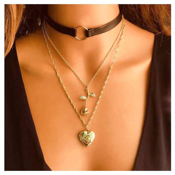 

2pcs/set punk gothic multilayer love heart rose pendant necklace for women pu leather cord couple long chain jewelry necklaces, Silver