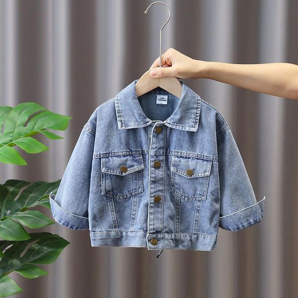 

jackets kids denim jacket cute cartoon bears boy girls turndown collar coat blue jeans long sleeve children outwear fall winter, Blue;gray