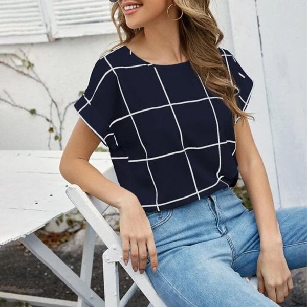 

women's t-shirt summer plaid print round neck t shirts ladies short sleeve tees casual slim fit female streetwear d30, White