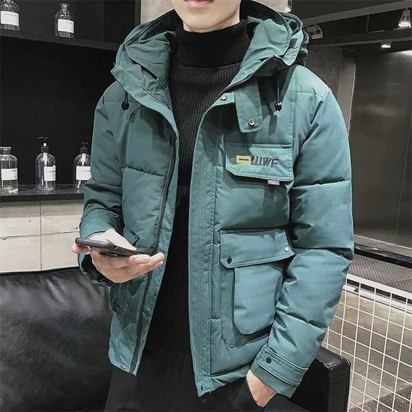 

winter men parka big pockets casual jacket hooded solid color 5 colors thicken and warm hooded outwear coat size 5xl 211216, Black