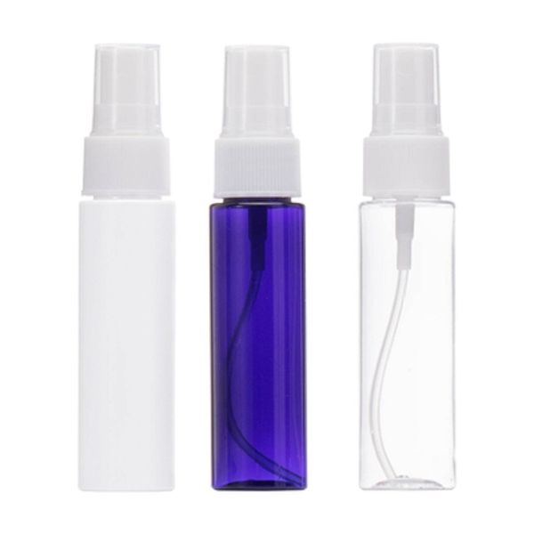 Bottiglia di plastica vuota Pompa per pressa spray in PET a spalla piatta trasparente bianca blu con coperchio Contenitore per imballaggio cosmetico ricaricabile portatile da 30 ml