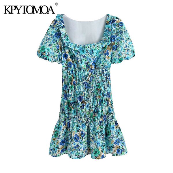 Mulheres Chic Moda Floral Impressão Ruffled Smocked Mini Vestido Vintage Quadrado Collar Manga Curta Vestidos Femininos Mujer 210416