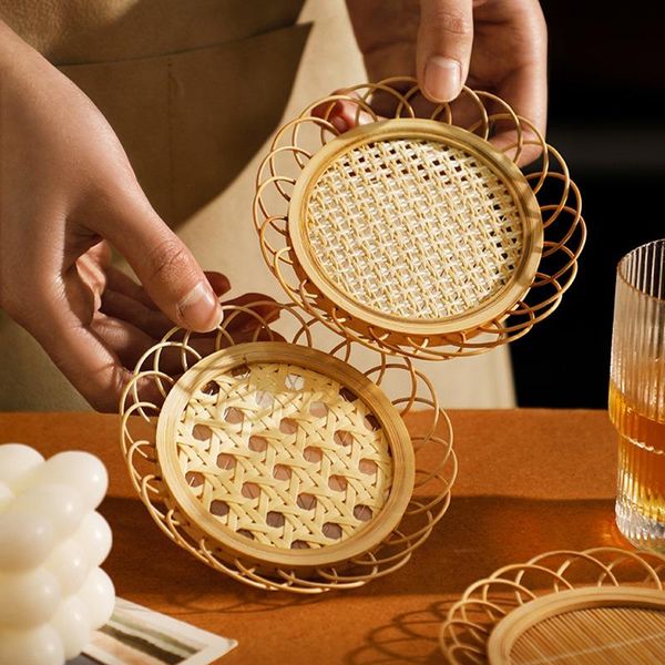 

mats & pads rattan woven drink cup coasters japanese style bamboo saucer mat non-slip pot holder dining table placemat