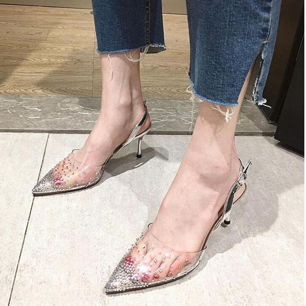 

fashion rhinestone pvc transparent shoes stilettos high heels sandals women pointed toe party gold champagne wedding, Black