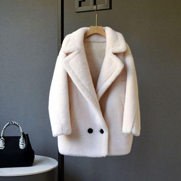 

women's fur & faux winter thick warm genuine shearling jackets for women fashion natural wool real long sleeve overcoats female loose c, Black