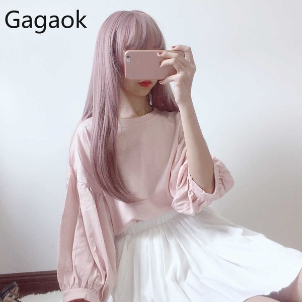 

women sweet t-shirt spring autumn o-neck lantern sleeve loose wild casual simple female fashion korean pullovers 210531, White