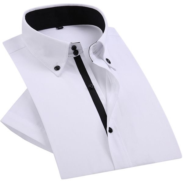 

summer mens dress shirt diamond buttons casual white short sleeve luxury high collar slim fit stylish business 210708, White;black