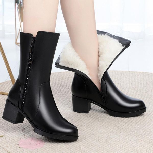 

boots 2021 women's winter long pu beaded women high heels fashion plus cotton thick snow mid-heel side zipper, Black