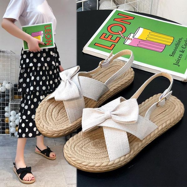 

bow women sandals summer shoes comfortable female casual fashion ladies flat beach buckle-strap flax, Black