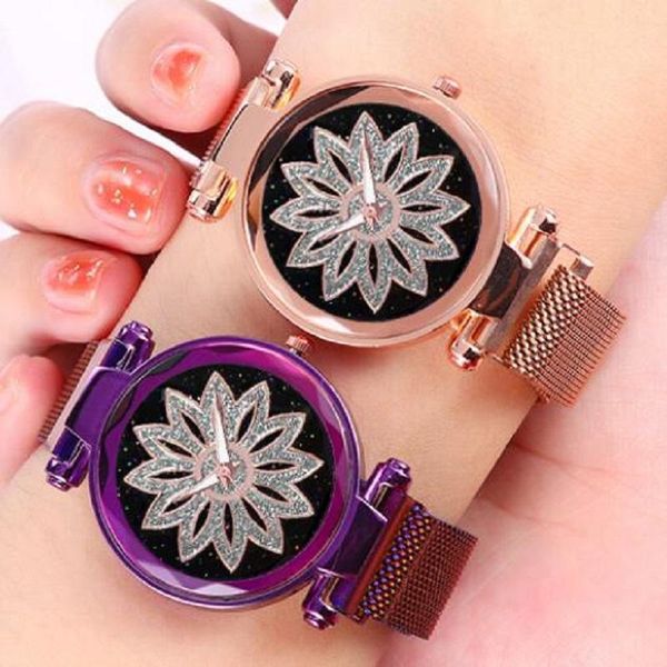 

wristwatches women watches starry sky watch flower rhinestone wristwatch ladies luxury rose gold quartz clock magnet relogio feminino, Slivery;brown
