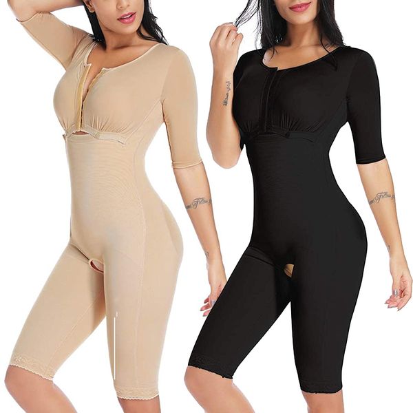 

women full bodysuit shapewear post surgery compression garment firm control body shaper with sleeves faja shapewear, Black;white