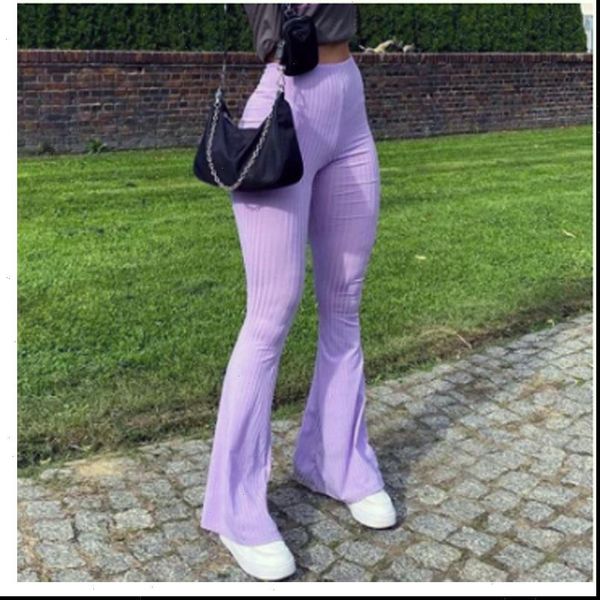 

flare ribbed knitted slim women capri elastic high waist long trousers purple sweatpants female vintage clothing, Black;white