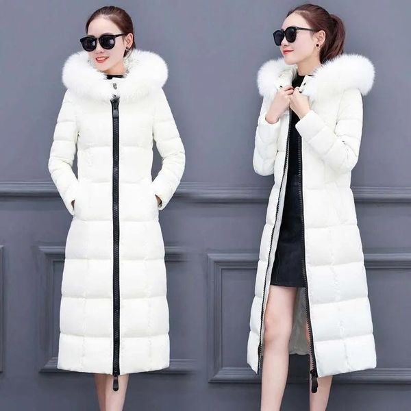 

women's down & parkas women winter cotton coat big fur collar jacket female long hooded over the knee thicken slim warm plus size, Black