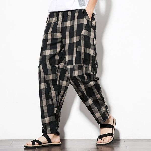 

men's pants original plaid casual spring and autumn cotton linen retro loose wild harem carrot wide leg, Black