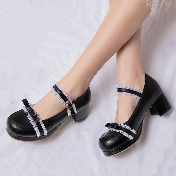 

dress shoes black lolita bow mary jane for women high heels platform pumps block woman pink big size 42 43 44 45 46