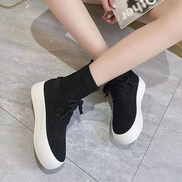 

boots 2021 women sock thcik bottom lace up air mesh solid female knitting shoes fashion comfortable leisure ladies sneakers, Black