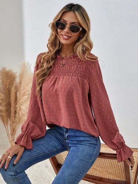 

swiss dot shirred flounce sleeve blouse a2yj#, White