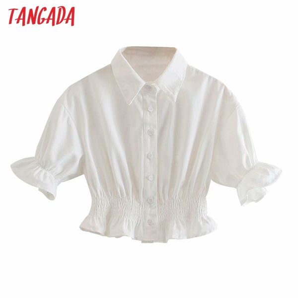 

women retro white crop short sleeve ruffles chic female slim shirt 4m34 210416