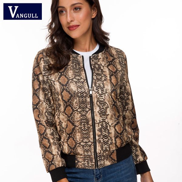 

vangull snake skin print zipper closure sreetwear women brand spring new long sleeve casual baseball jackets 201015, Black;brown