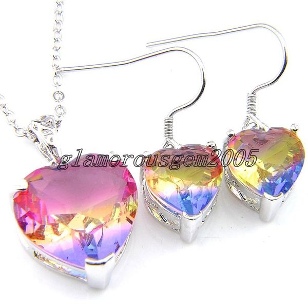 

wholesale lucky shine heart crystal zircon gems necklace earring set silver tourmaline wedding earring pendants jewelry sets for women