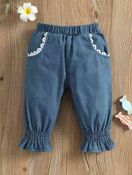

baby guipure lace detail shirred ruffle hem jeans she, Blue