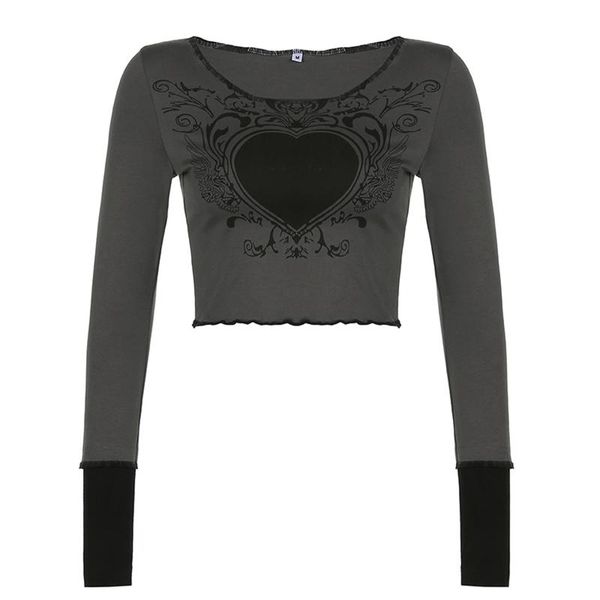 

women's t-shirt womens casual polyester autumn long sleeve t-shirts vintage heart printing round neck exposed navel wavy crop, White